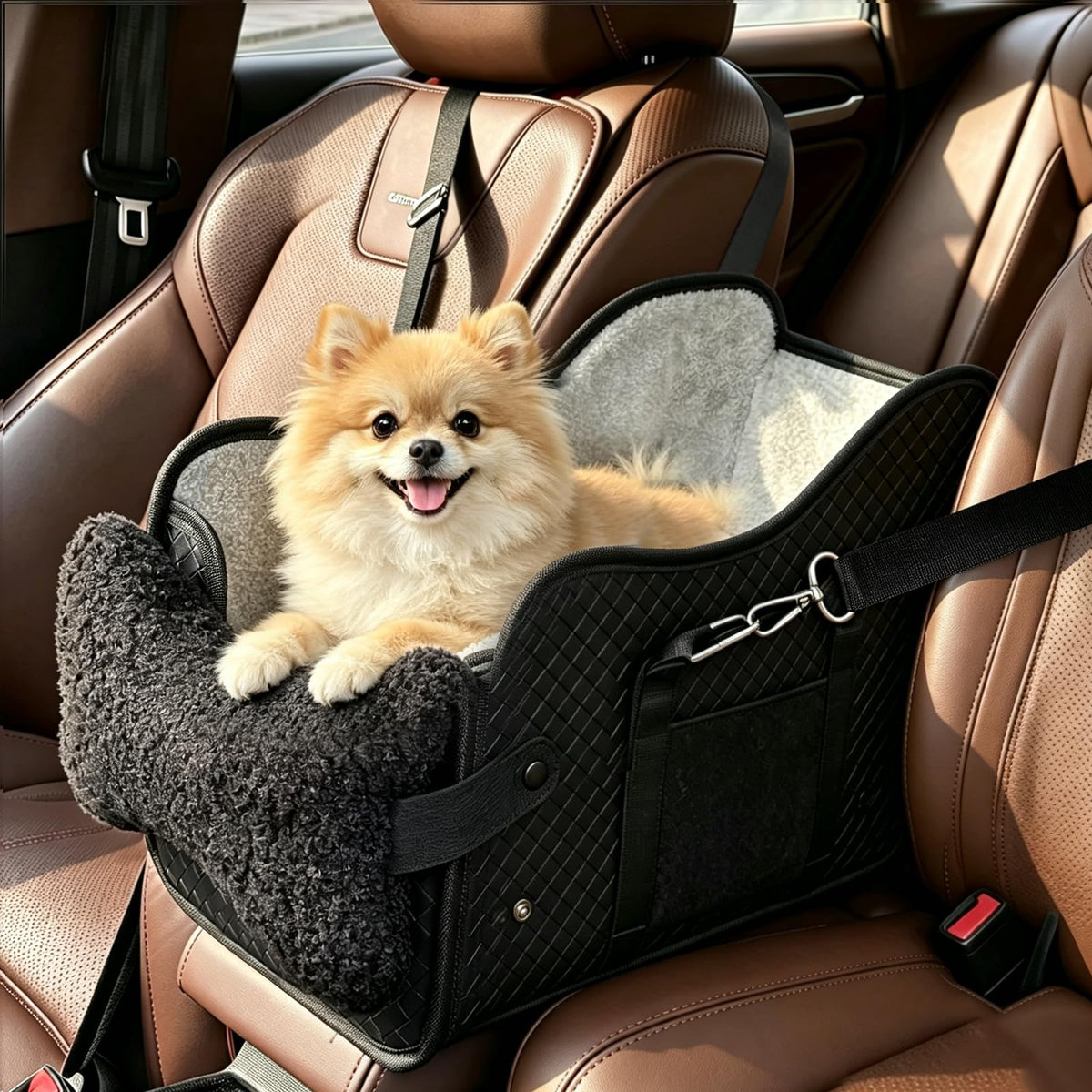 Pomeranian sitting in the black center console dog car seat with plush lining