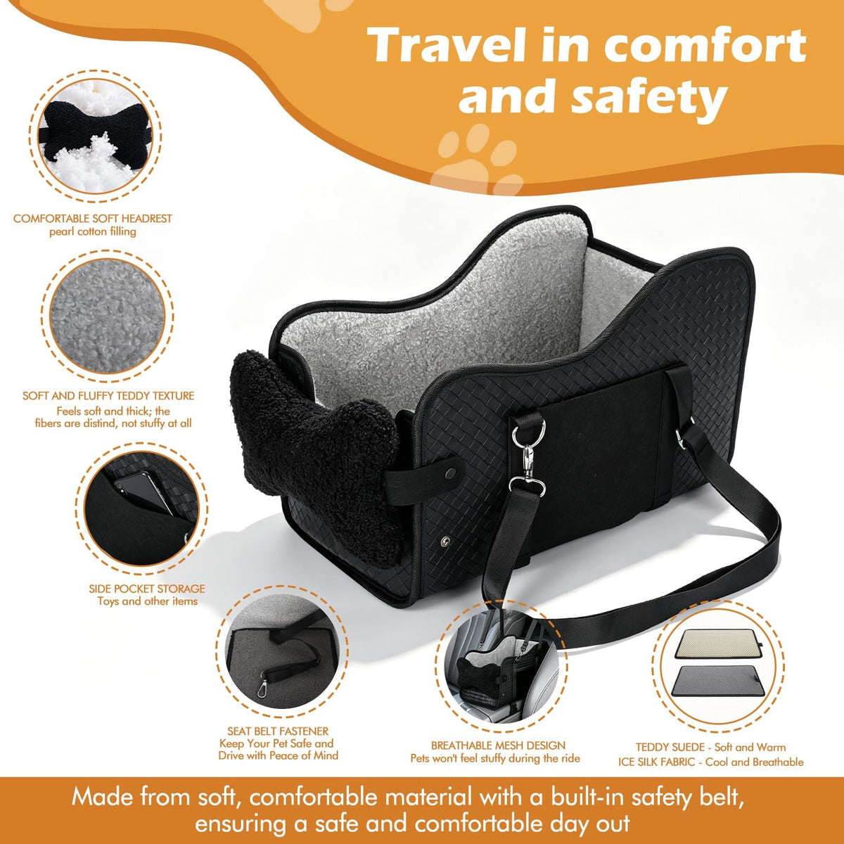 Console dog car seat feature callouts with plush lining, cushion and safety belt
