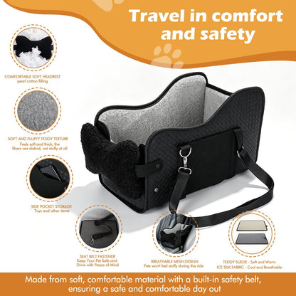 Console dog car seat feature callouts with plush lining, cushion and safety belt