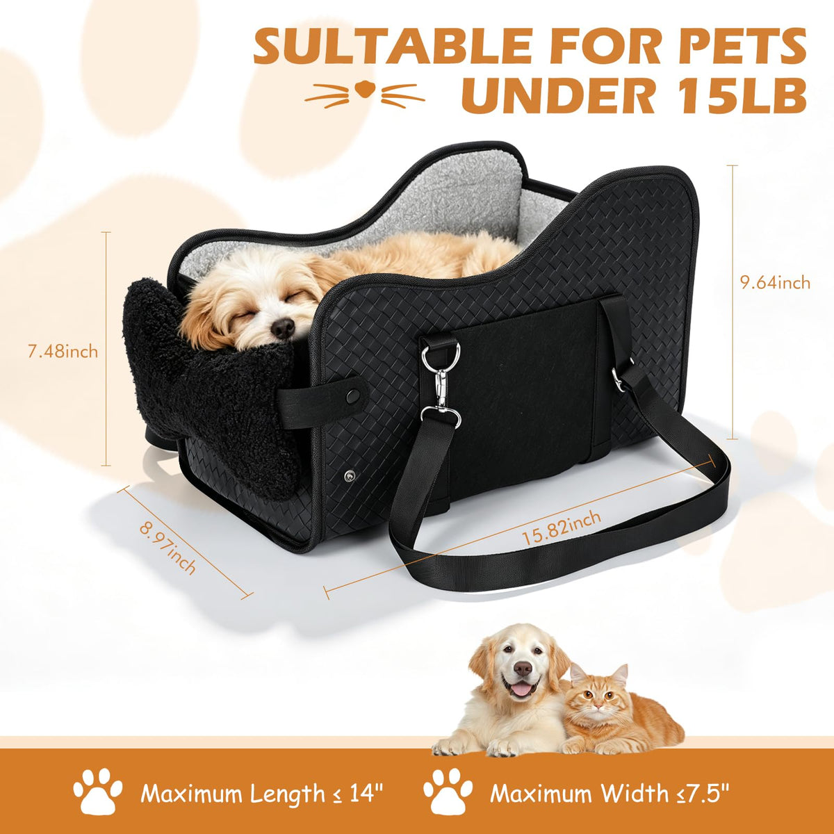 Console dog seat dimensions for pets under 15 lb, max length 14 in and width 7.5 in