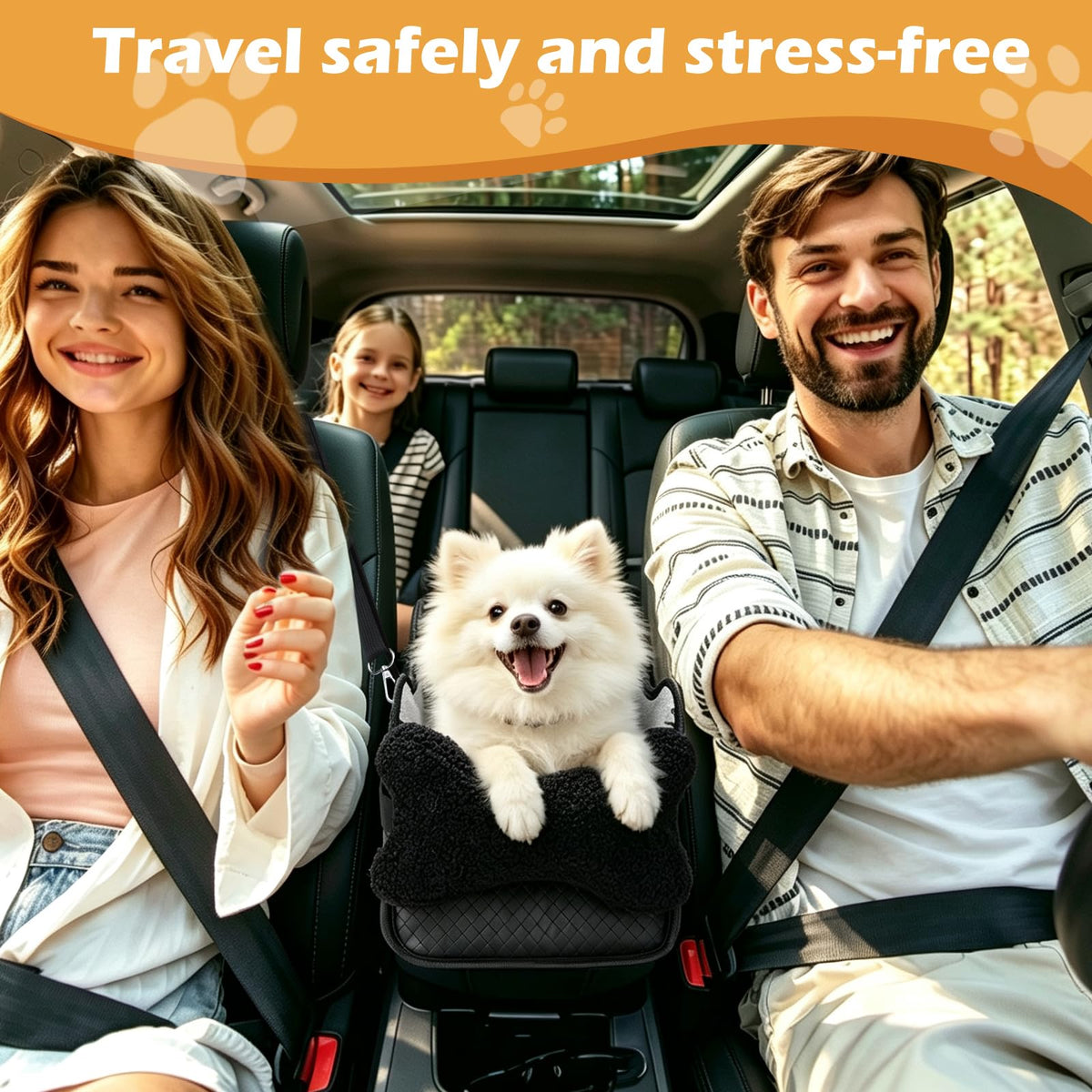Couple driving with a Pomeranian in the console dog seat between them