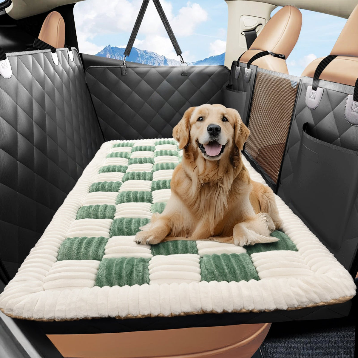 Golden retriever on the green and cream checkered plush mat in a car