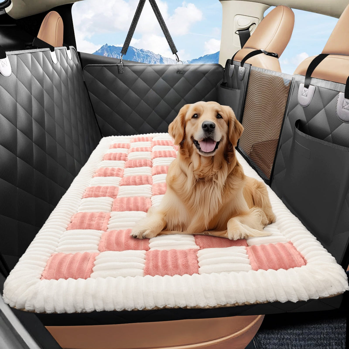 Golden retriever on the pink and cream checkered plush mat in a car