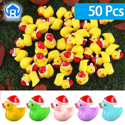 50-piece set of colorful rubber duckies with Santa hats on a grassy background, featuring the Robinland brand.