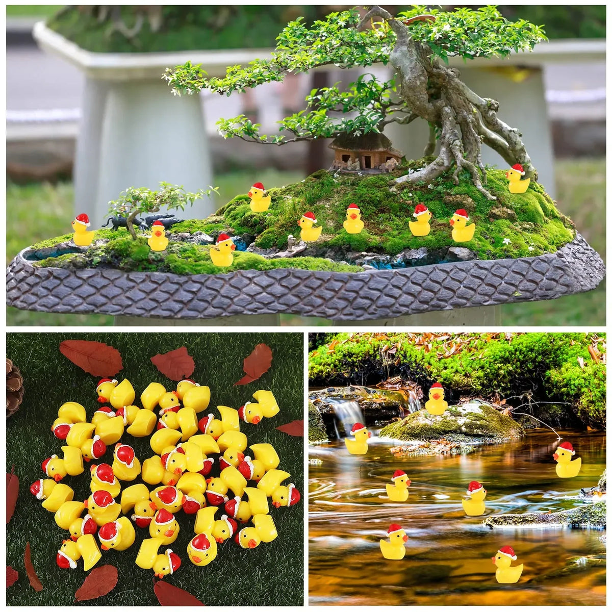 Collage of rubber ducks on a miniature landscape with a bonsai tree and water feature.