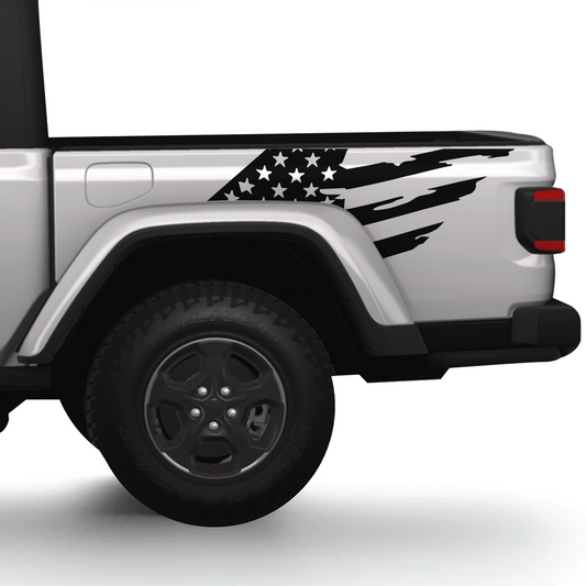 Distressed Flag Bedside Graphics for Jeep Gladiator – Weathered American Flag Truck Decals (2-Piece Set)