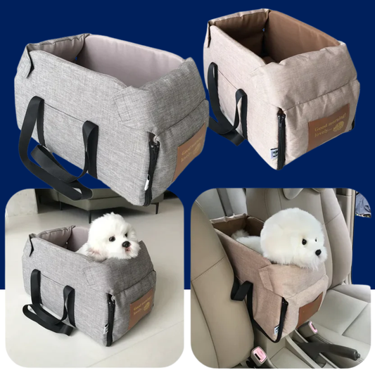 A pet booster seat shown in three views: two empty product shots on a blue background and one in a car seat with a small white dog sitting inside. The product is a fabric pet car seat with gray and beige versions, black handles, and a brown brand patch.