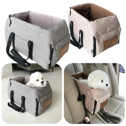 A pet booster seat shown in three views: empty in a studio setting, and in a car seat with a small white dog sitting in it. The product is a fabric pet car seat in light gray and beige with black handles and straps.