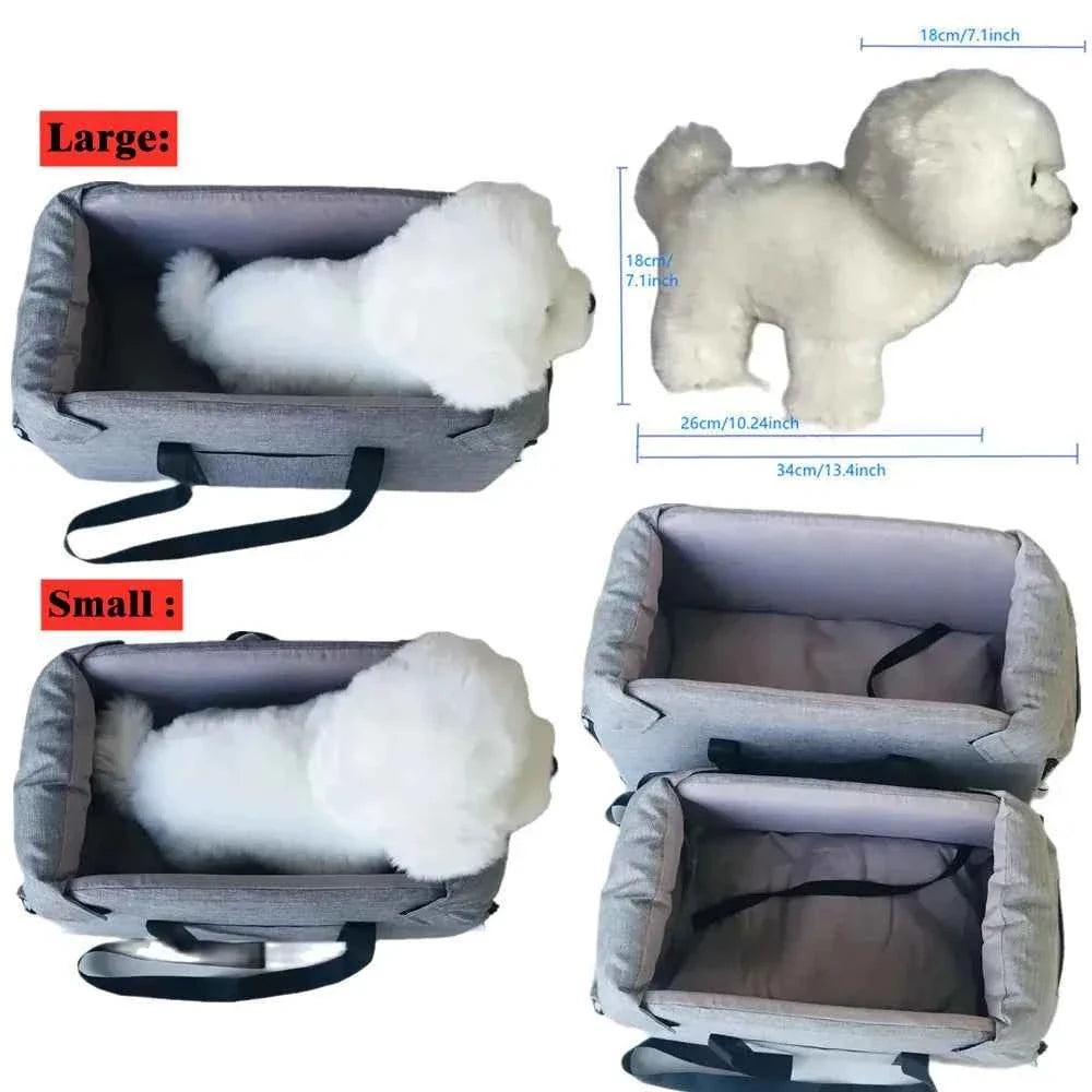 Pet carrier with measurements for large and small sizes, featuring a white dog inside.