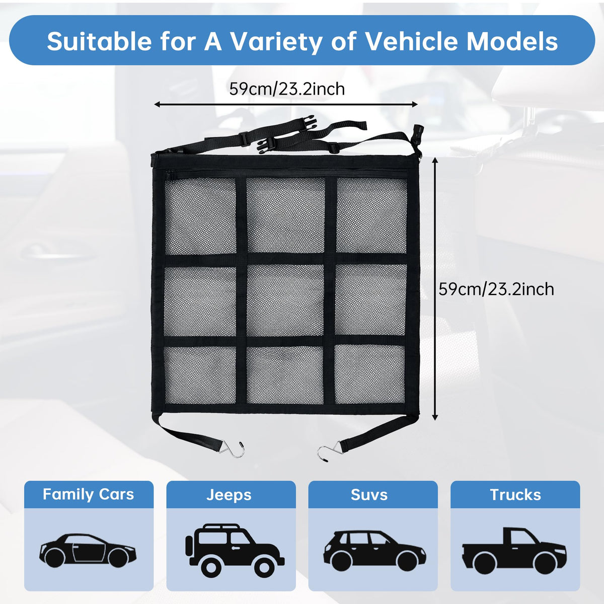 Mesh dog car barrier measuring 23.2 x 23.2 in with vehicle types shown