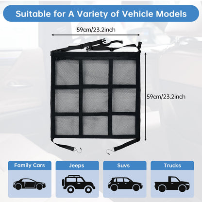 Mesh dog car barrier measuring 23.2 x 23.2 in with vehicle types shown
