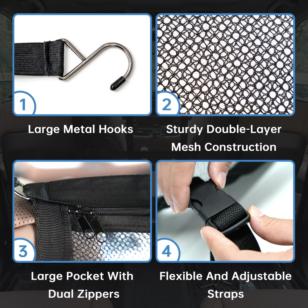 Details of the barrier metal hooks, double-layer mesh, dual-zipper pocket and adjustable straps