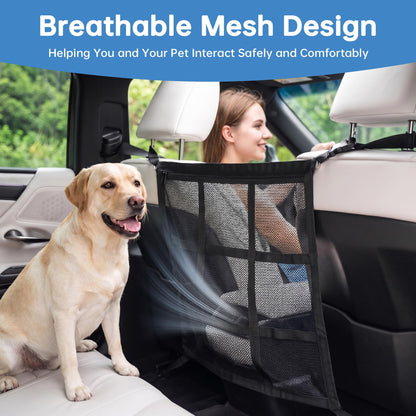 Labrador and woman with the breathable mesh barrier between front seats