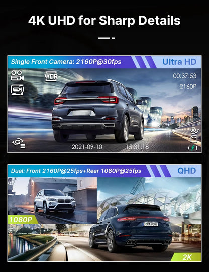 Dual Dash Camera UHD 4K Front and FHD 1080P Rear