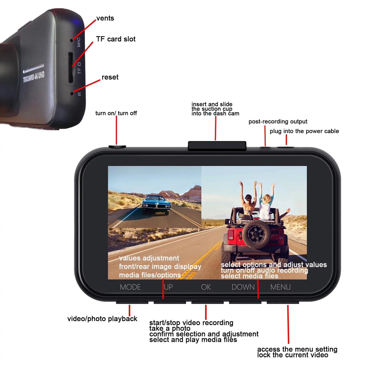 Dual Dash Camera UHD 4K Front and FHD 1080P Rear