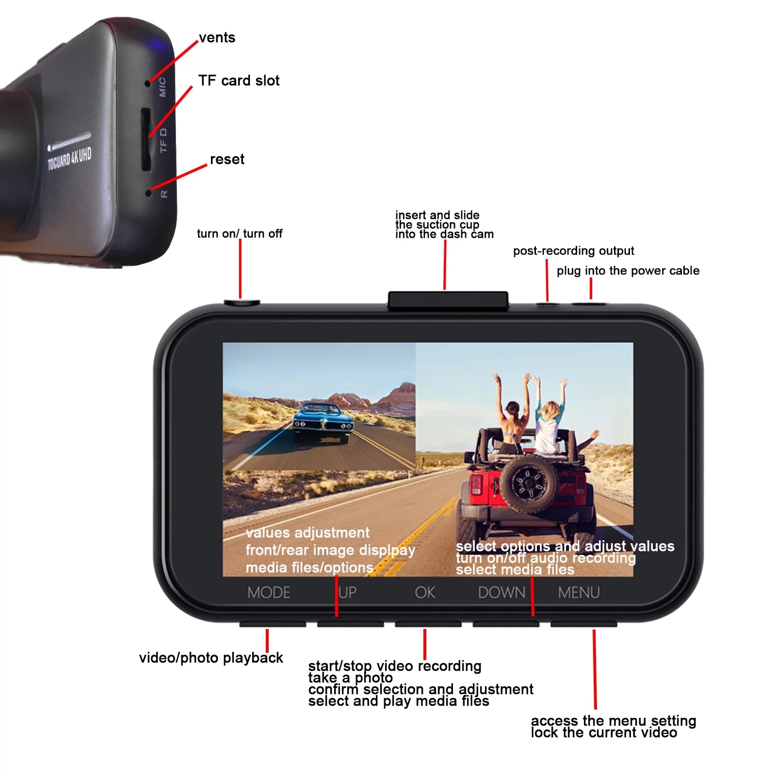 Dual Dash Camera UHD 4K Front and FHD 1080P Rear