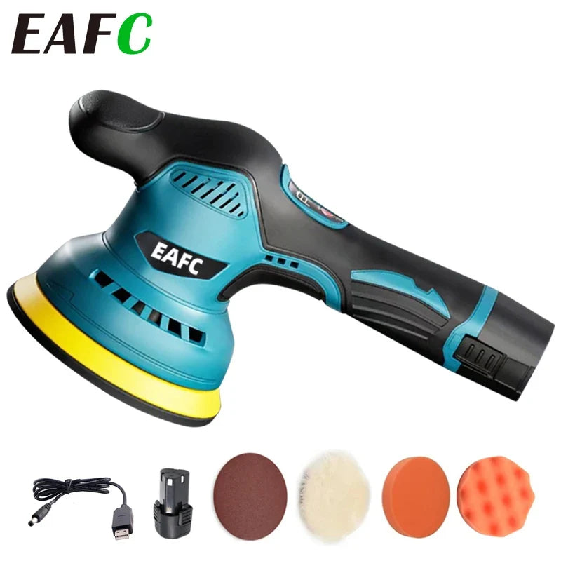 EAFC orbital sander with attachments on a white background