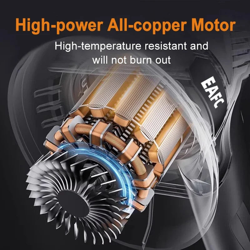 High-power all-copper motor with text on a dark background