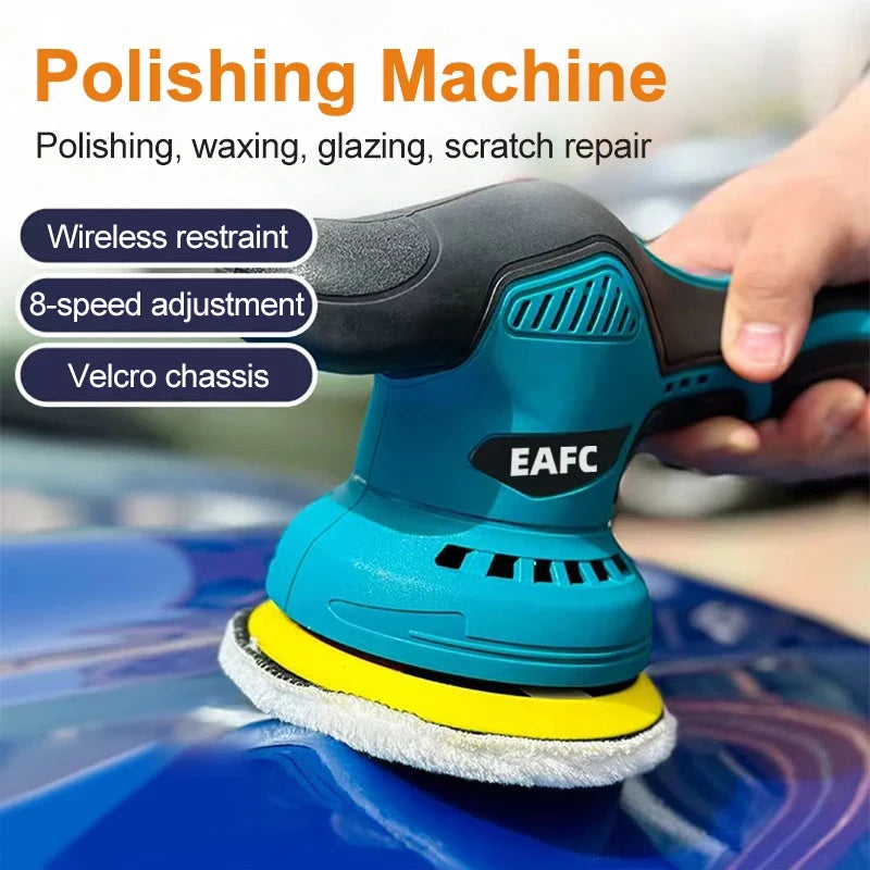EAFC polishing machine being used on a car surface with text highlighting features.