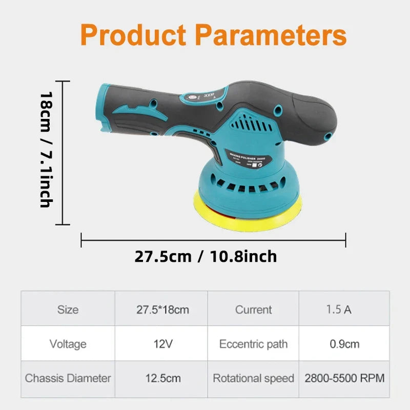 Electric sander with dimensions and specifications on a white background