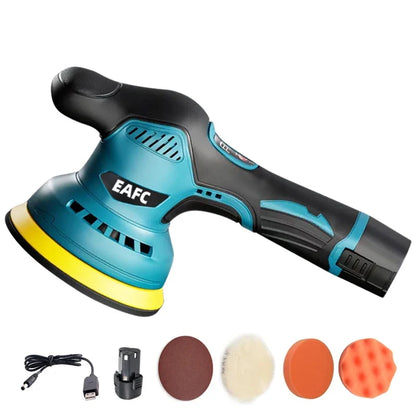 EAFC orbital sander with attachments on a white background