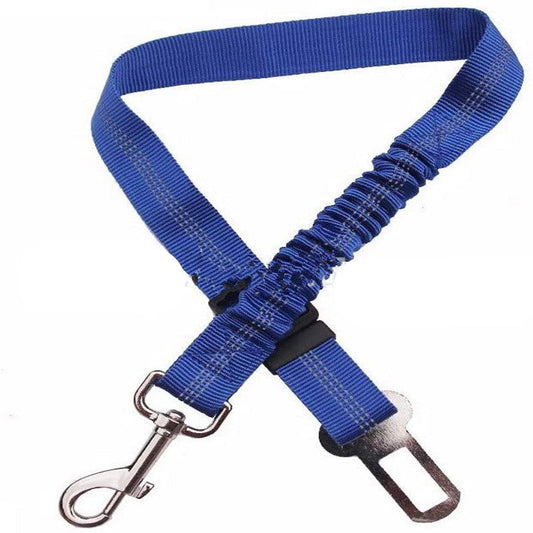 Elastic dog car seat belt tether in blue with bungee section, snap hook and buckle clip