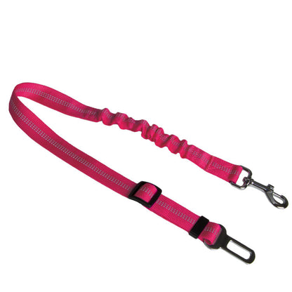 Elastic dog car seat belt tether in rose red with bungee section, snap hook and buckle clip