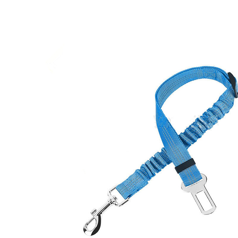 Elastic dog car seat belt tether in light blue with bungee section, snap hook and buckle clip