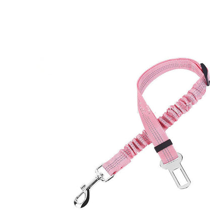Elastic dog car seat belt tether in pink with bungee section, snap hook and buckle clip