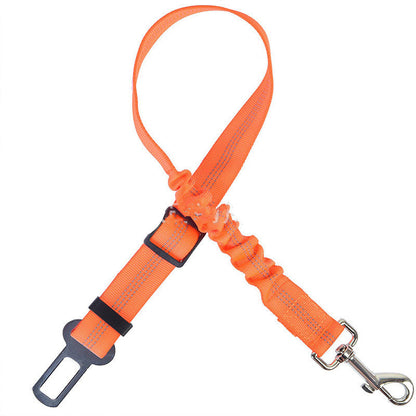 Elastic dog car seat belt tether in orange with bungee section, snap hook and buckle clip