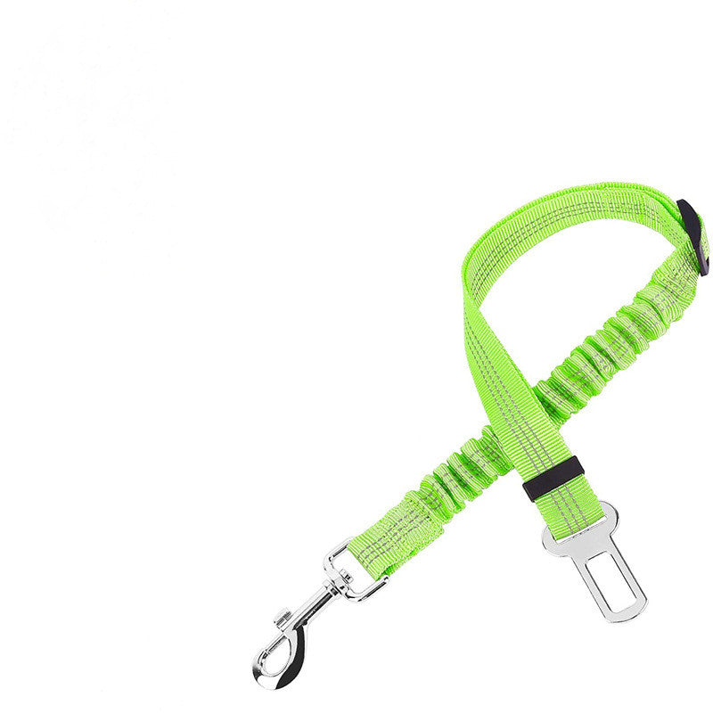 Elastic dog car seat belt tether in green with bungee section, snap hook and buckle clip
