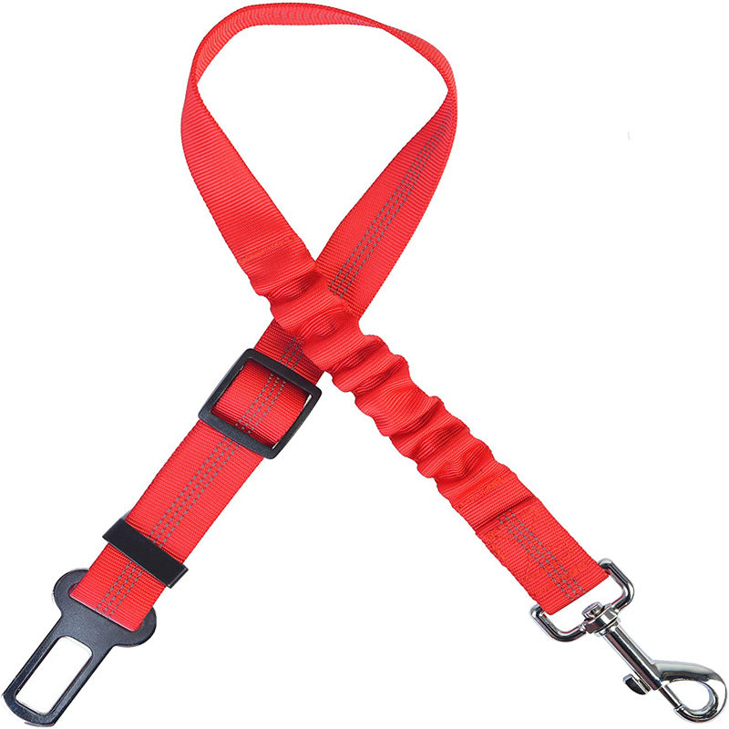 Elastic dog car seat belt tether in red with bungee section, snap hook and buckle clip