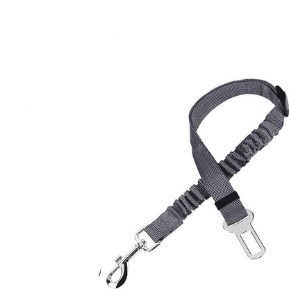 Elastic dog car seat belt tether in gray with bungee section, snap hook and buckle clip