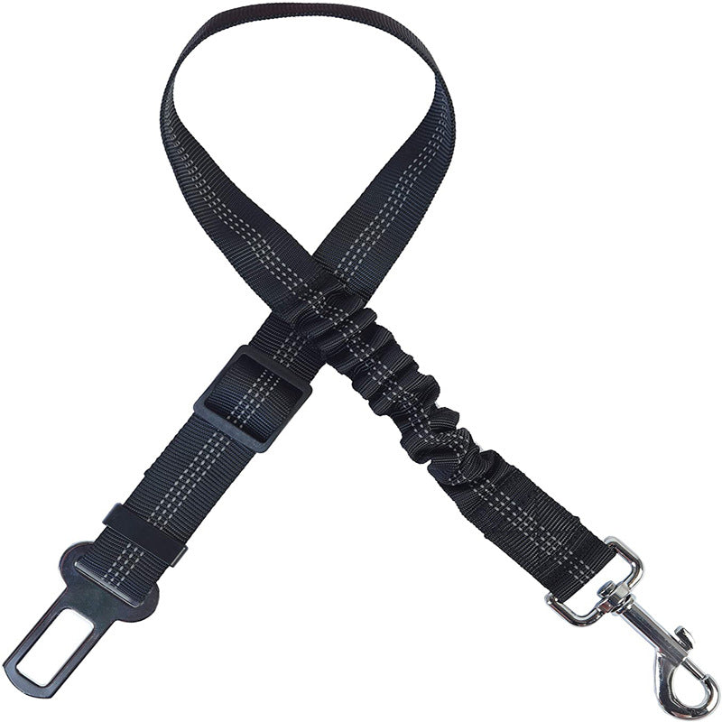 Elastic dog car seat belt tether in black with bungee section, snap hook and buckle clip