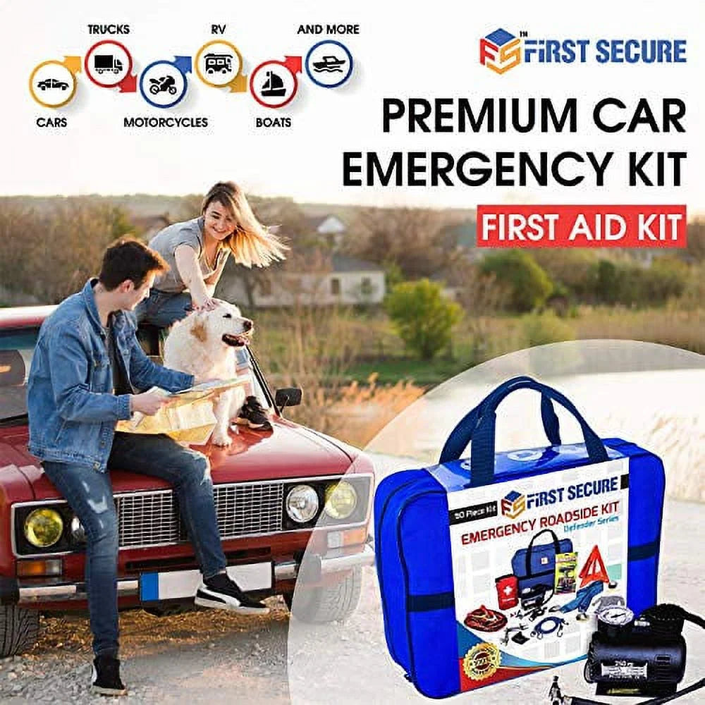 Emergency Roadside & First Aid Kit - Essential Car Safety Tool Pack (90 Pieces)
