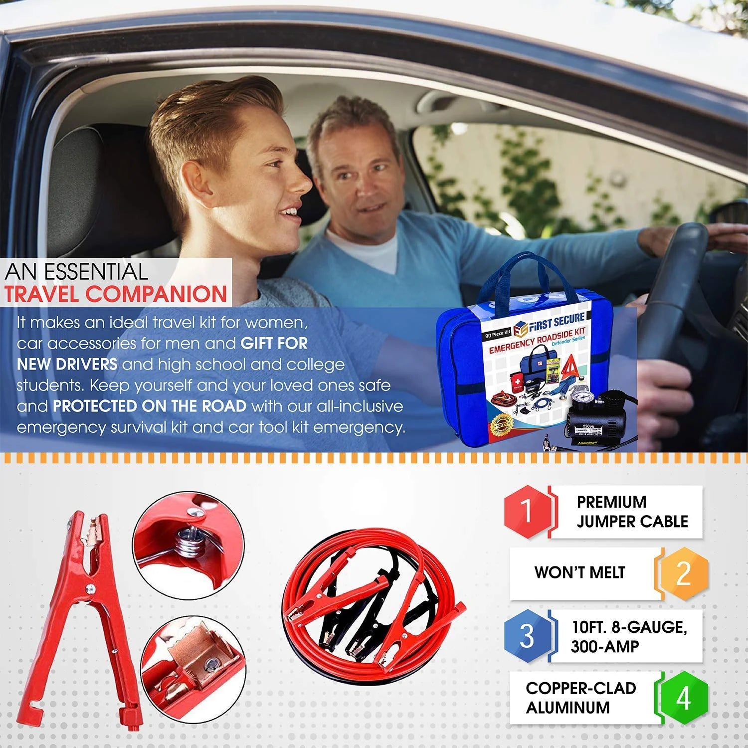 Emergency Roadside & First Aid Kit - Essential Car Safety Tool Pack (90 Pieces)