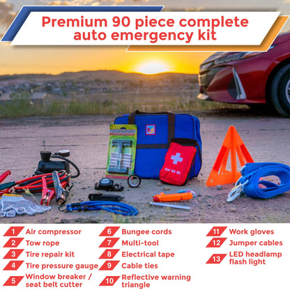 Emergency Roadside & First Aid Kit - Essential Car Safety Tool Pack (90 Pieces)