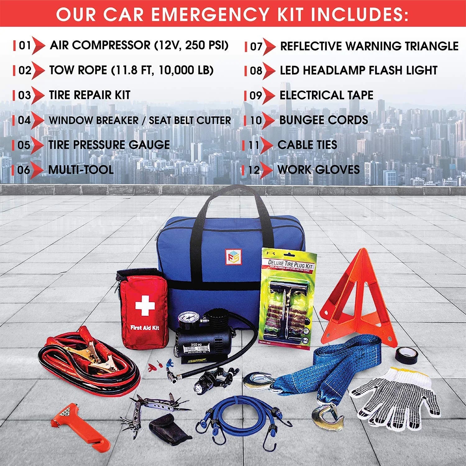 Emergency Roadside & First Aid Kit - Essential Car Safety Tool Pack (90 Pieces)