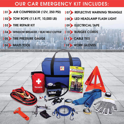 Emergency Roadside & First Aid Kit - Essential Car Safety Tool Pack (90 Pieces)