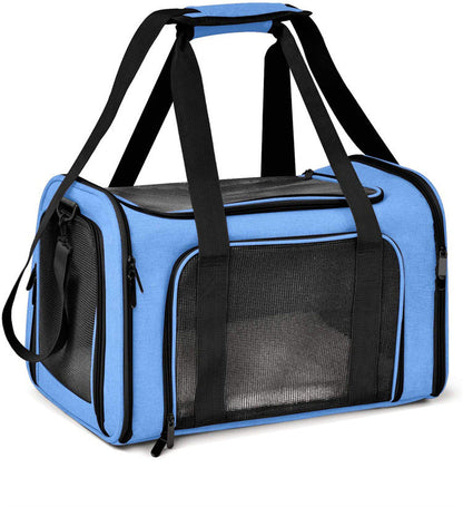 Blue soft-sided pet carrier, alternate view