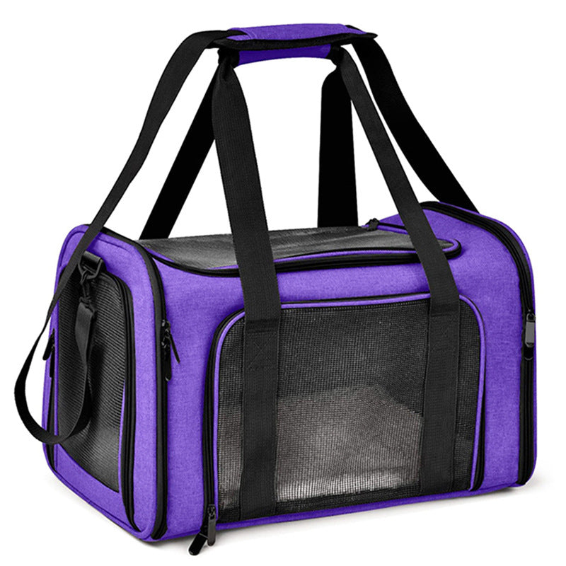 Purple soft-sided pet carrier with mesh windows