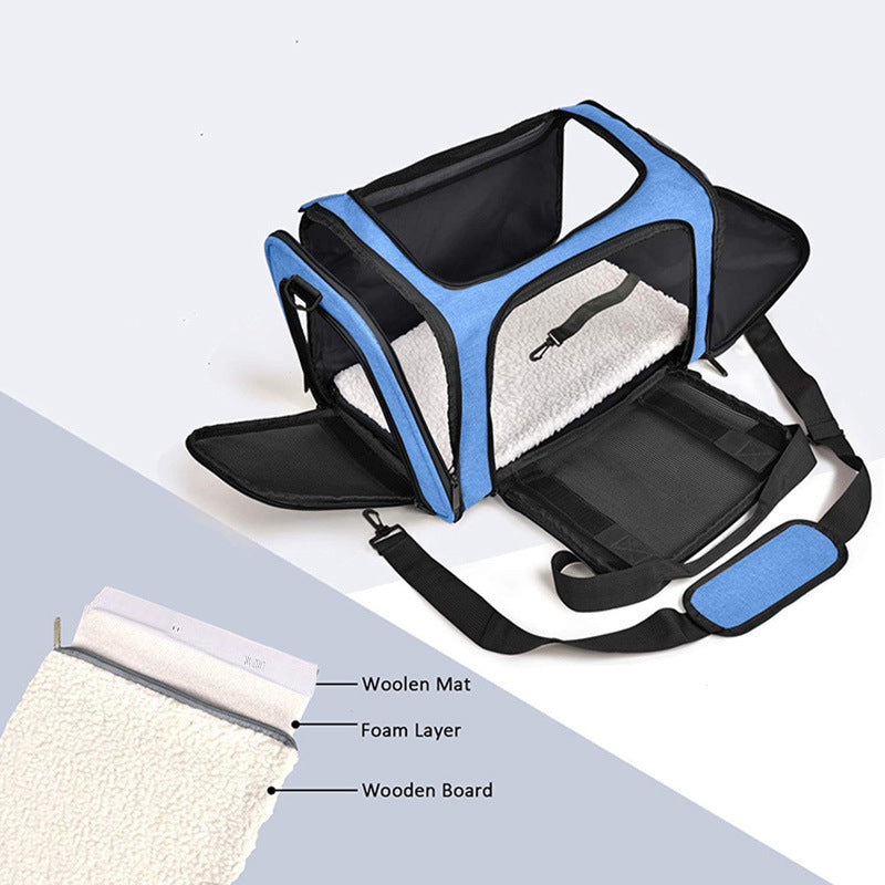 Blue pet carrier with expanded side and diagram of the mat, foam and board layers