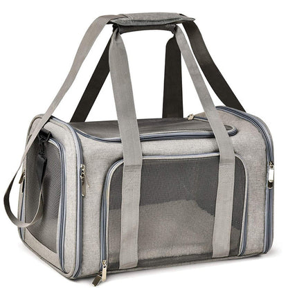 Gray soft-sided pet carrier with mesh window, front view