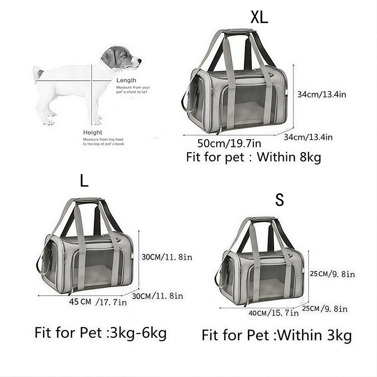 Size chart for S, L and XL pet carriers with pet weight limits