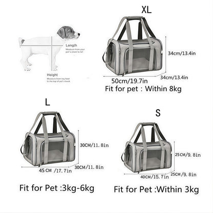 Size chart for S, L and XL pet carriers with pet weight limits