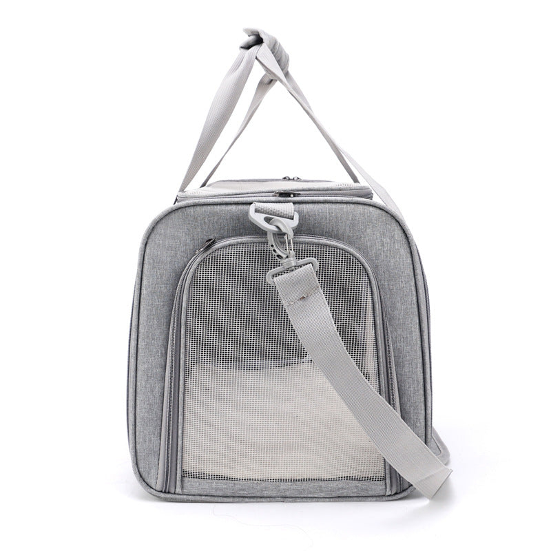 Gray pet carrier side view with shoulder strap