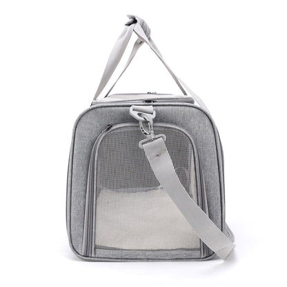 Gray pet carrier side view with shoulder strap