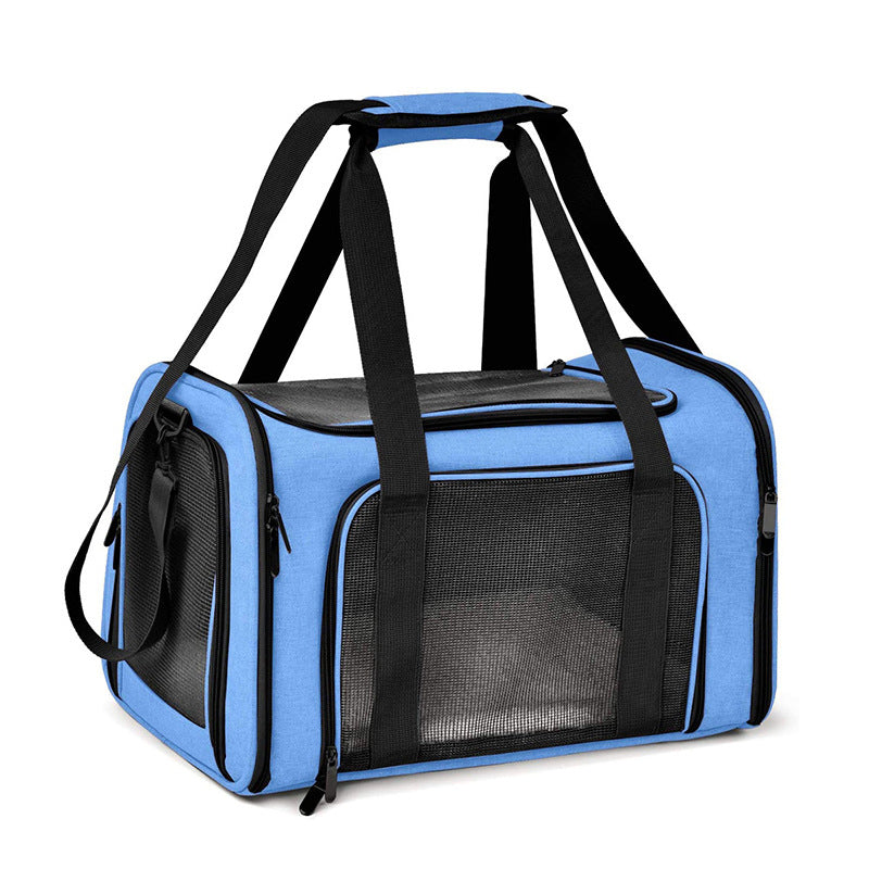 Blue soft-sided pet carrier with mesh windows
