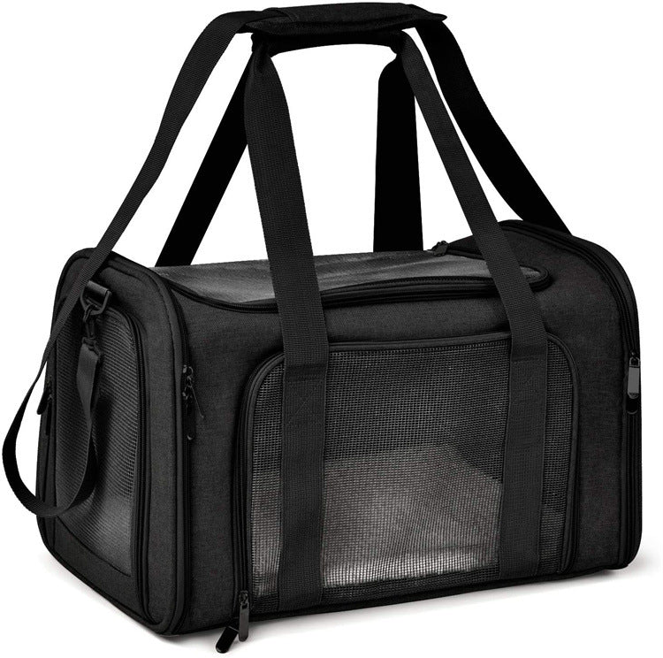 Black soft-sided pet carrier with mesh windows