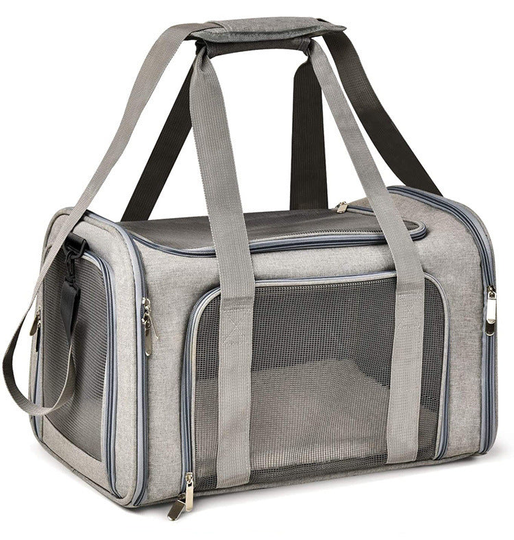 Light gray soft-sided pet carrier with mesh windows